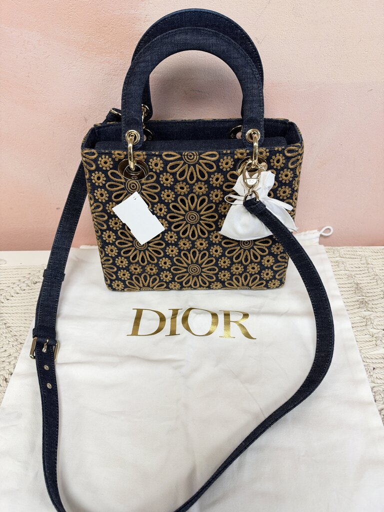Dior Embroidered Denim Medium Lady Dior Handbag w/ Dustbag and Crossbody Strap