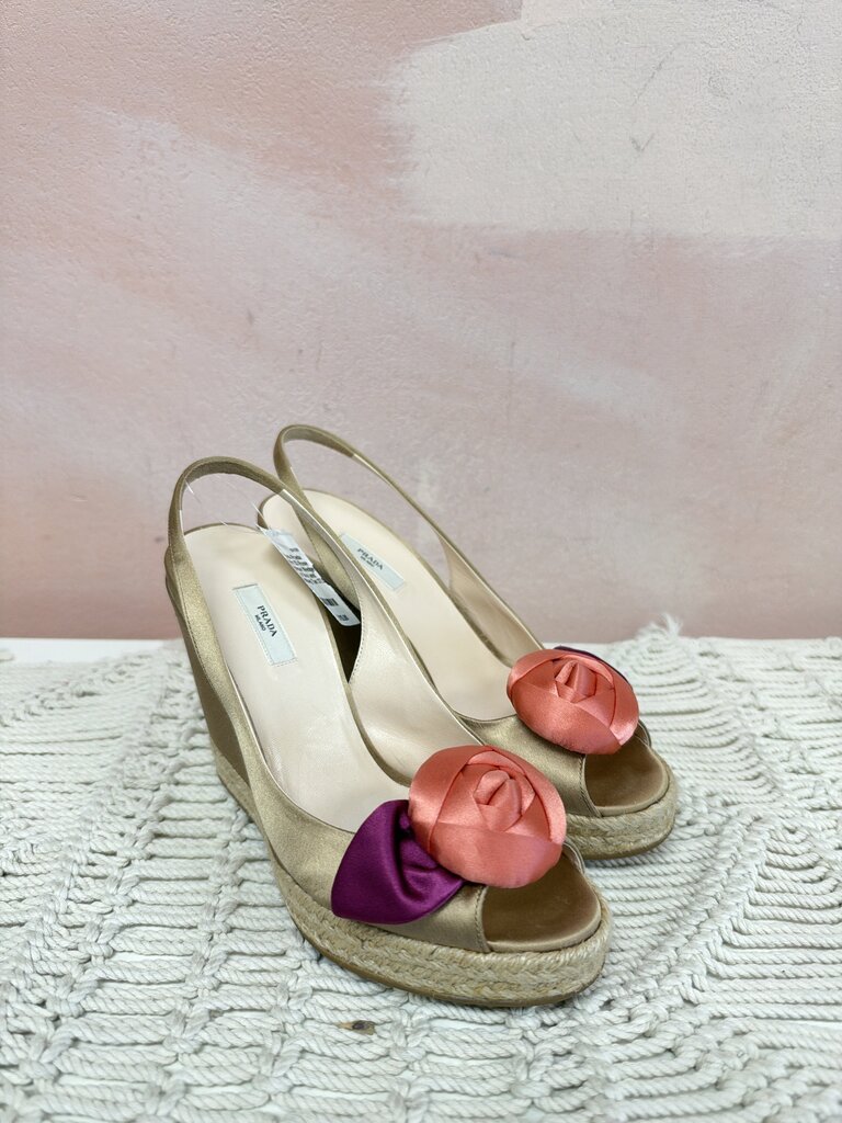 Prada Satin 3D Rose Applique Wedge w/ Box and Dustbag
