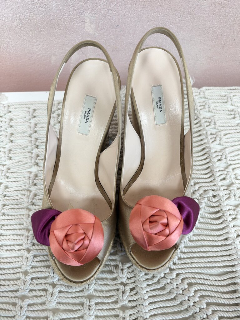 Prada Satin 3D Rose Applique Wedge w/ Box and Dustbag