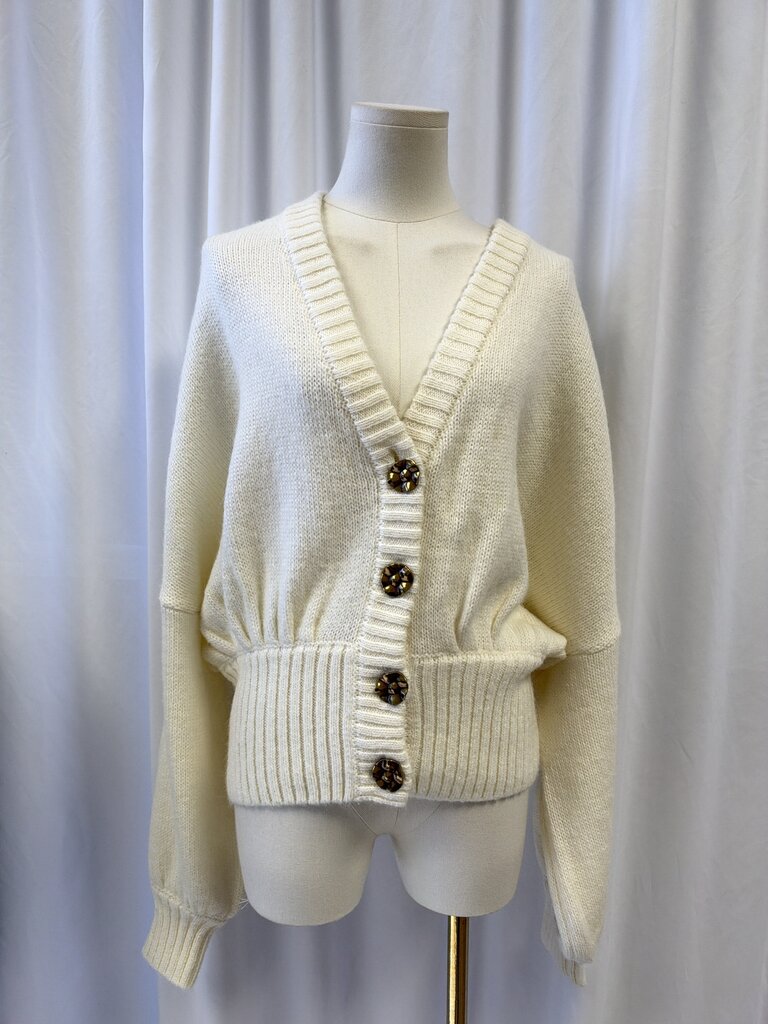 Farm Rio Cropped V-Neck Cardigan w/ Abstract Buttons