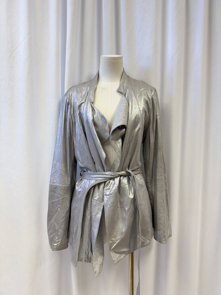 St. John Lamb Leather Metallic Belted Jacket