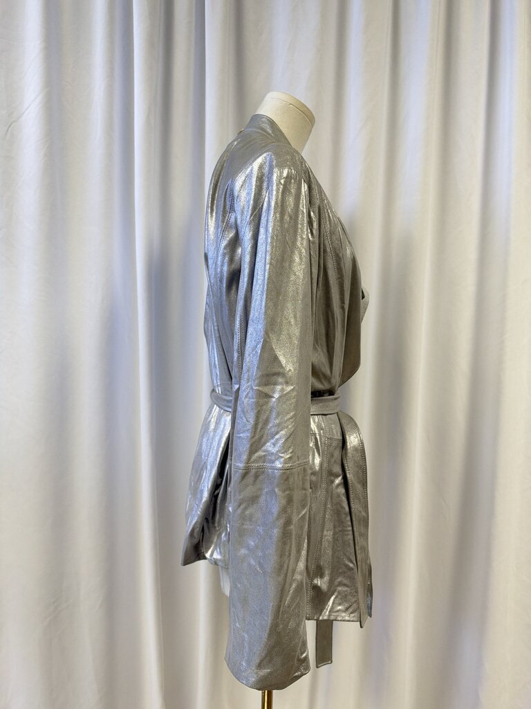 St. John Lamb Leather Metallic Belted Jacket