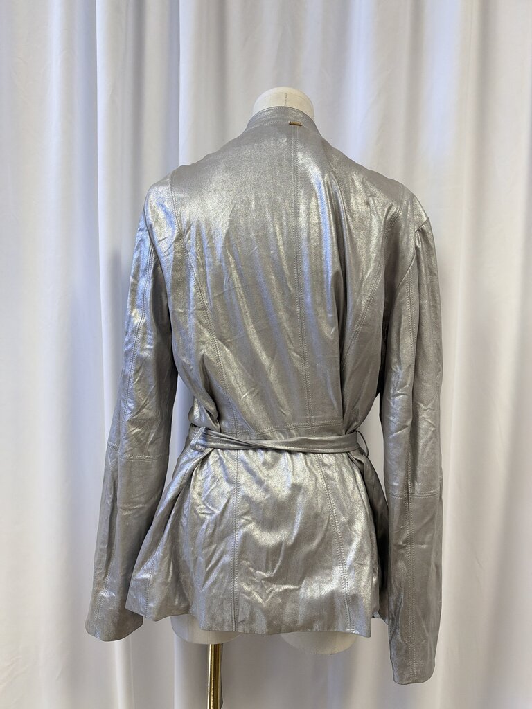 St. John Lamb Leather Metallic Belted Jacket