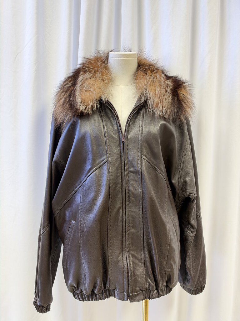 Sabau Furs Black Leather Jacket w/ Removeable Fox Fur Collar and Removeable Fur Lining