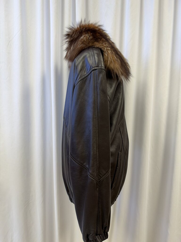 Sabau Furs Black Leather Jacket w/ Removeable Fox Fur Collar and Removeable Fur Lining