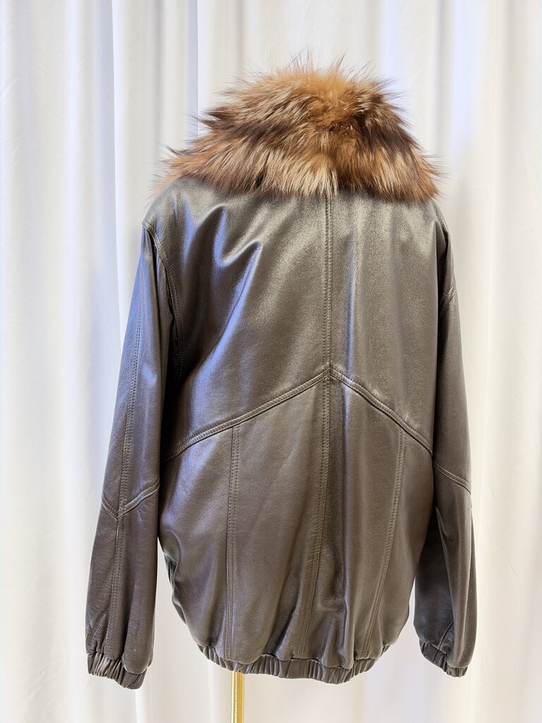 Sabau Furs Black Leather Jacket w/ Removeable Fox Fur Collar and Removeable Fur Lining