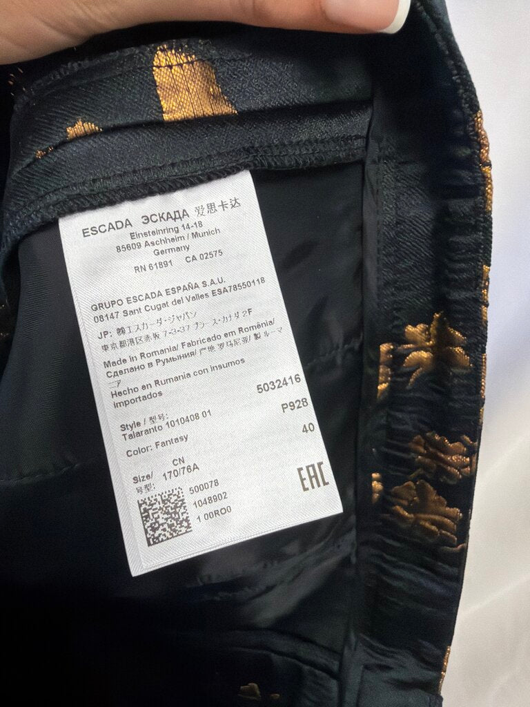 Escada Black Pants w/Gold Floral Brocade