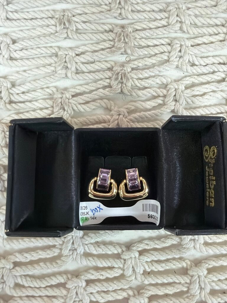 (*AP 9) 14k Yellow Gold & Amethyst Door Knocker Earrings w/Box