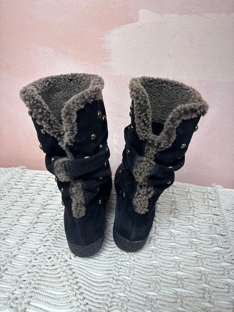 Stuart Weitzman Black Studded Fur Lined Boots