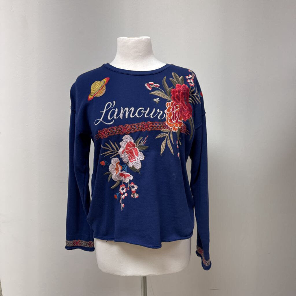 Johnny Was Blue Embroidered Sweatshirt