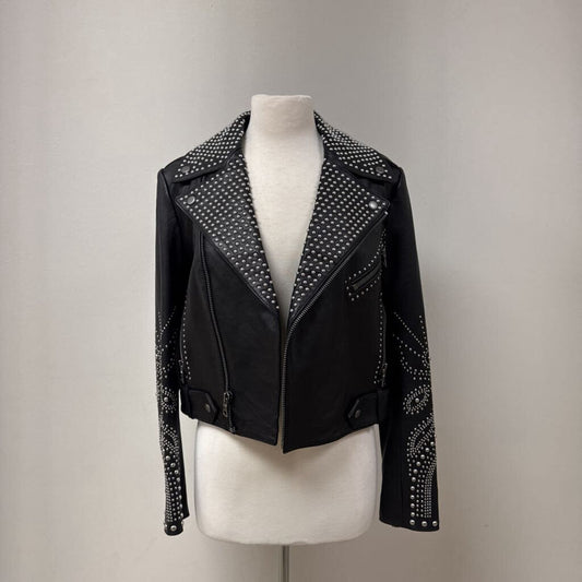 alice + olivia Black Studded Leather Biker Jacket