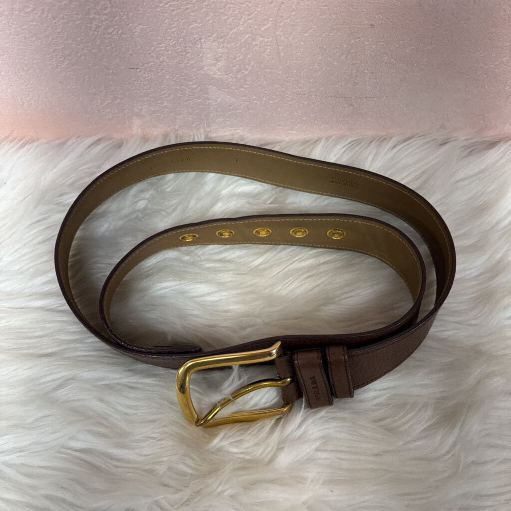 Prada Brown Pebbled Leather Gold Buckle Belt