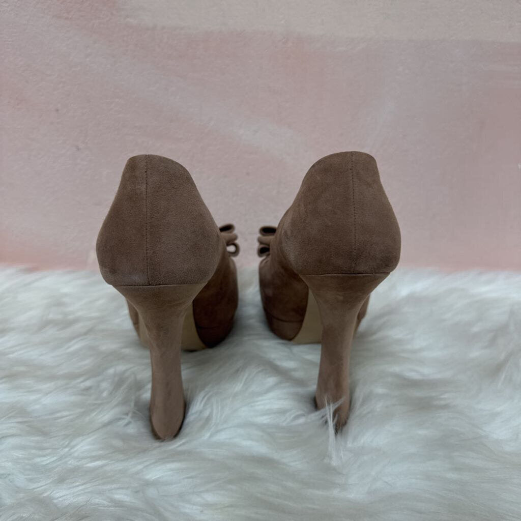 Miu Miu Tan Suede Open Toe Bow Pump