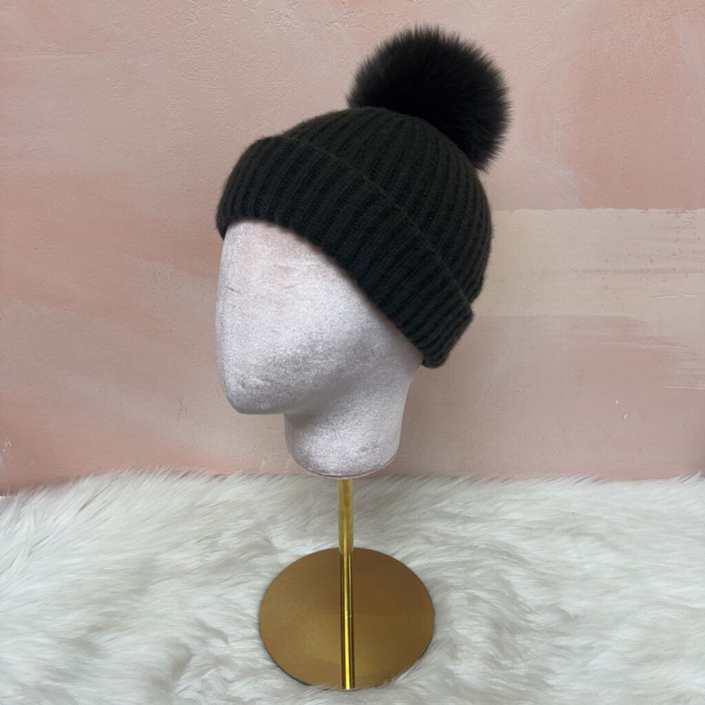 Yves Salomon Olive Knit Fox Fur Pom Pom Hat