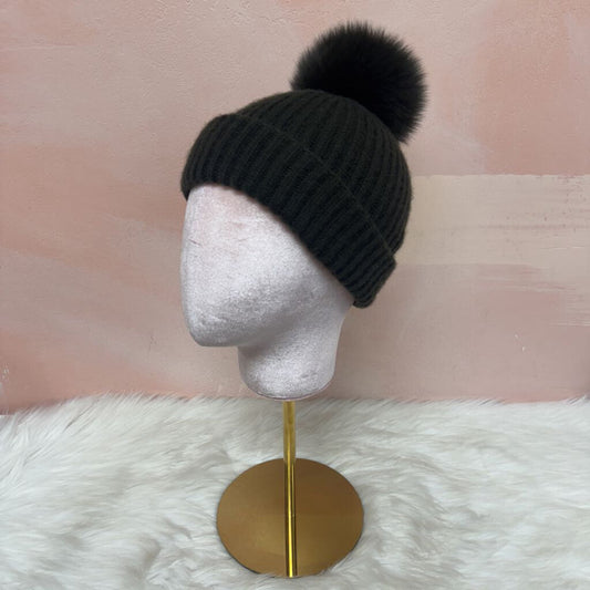 Yves Salomon Olive Knit Fox Fur Pom Pom Hat