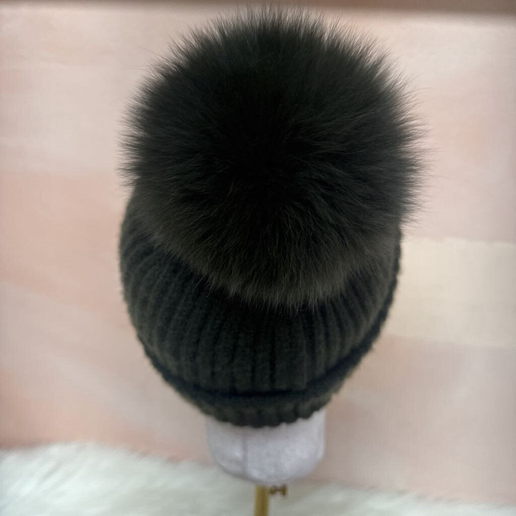 Yves Salomon Olive Knit Fox Fur Pom Pom Hat