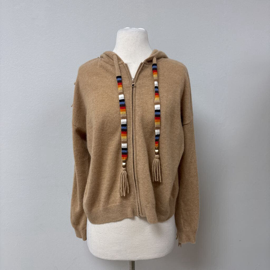 Minnie Rose Tan Fringe Cashmere Zip Up