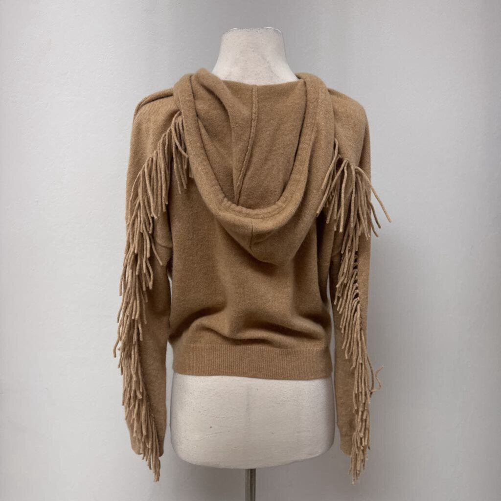 Minnie Rose Tan Fringe Cashmere Zip Up