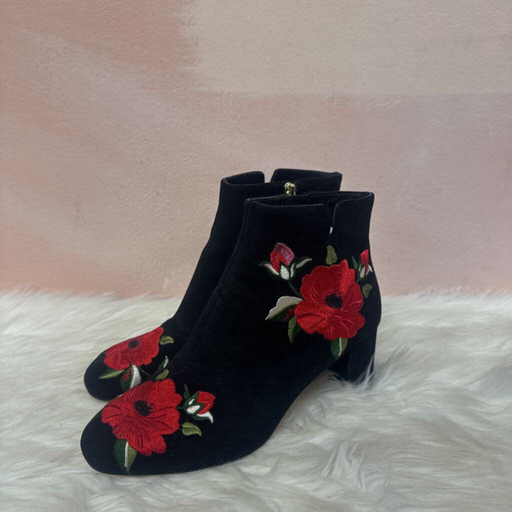 Kate Spade Black and Red Embroidered Suede Boot