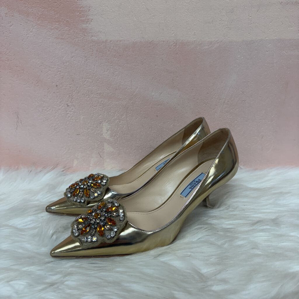 Prada Patent Leather W/Crystal Medallion Kitten Heel AS IS