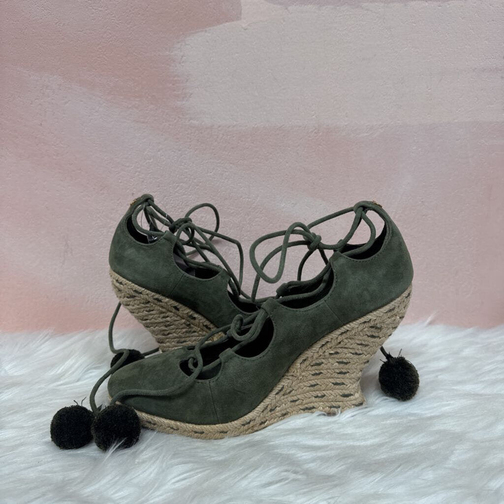 Tory Burch Green Suede Lace Up Wedge